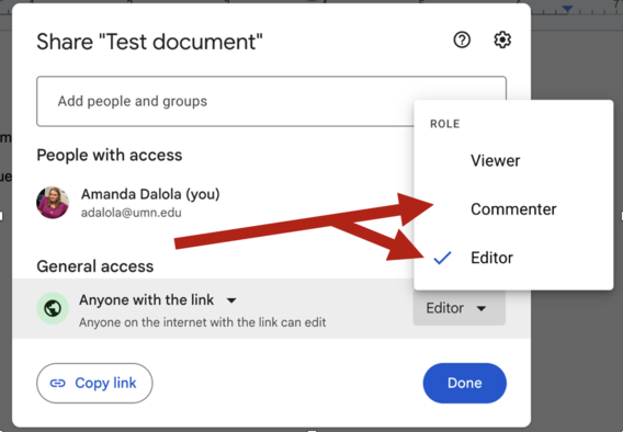 Two red arrows point at "Commenter" and "Editor" role options for sharing Google Docs with individuals.