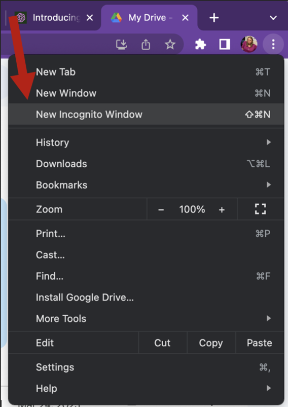 A red arrow points at "New Incognito Window" option found on a Google Chrome browser window.