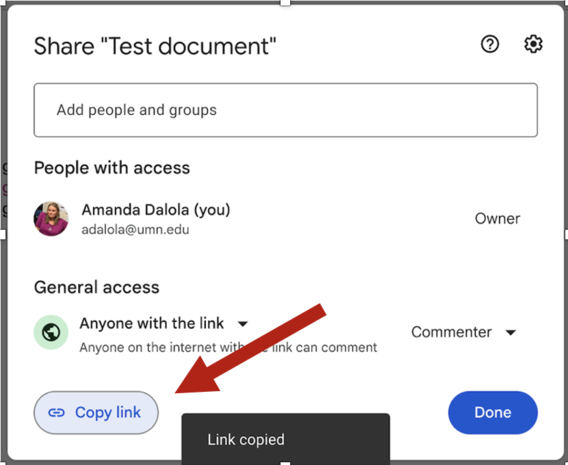 A red arrow points at "Copy link" button found on sharing window of a Google Doc.