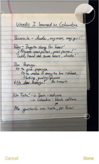 Image of a hand written note being cropped at the corners with the Notes App on iPhone.