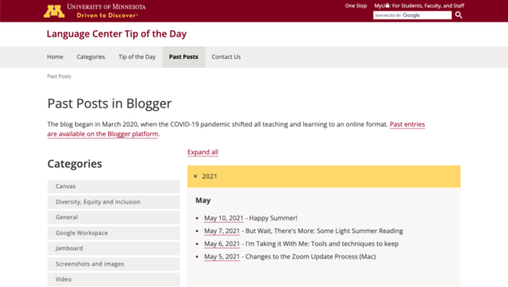 page of past posts in blogger