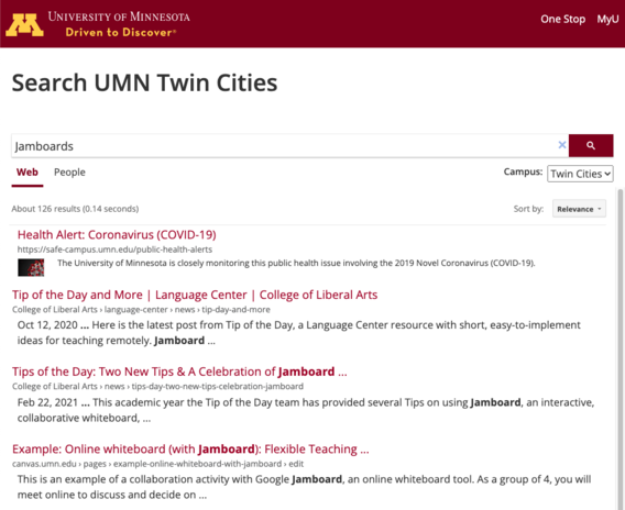 UMN search bar with term from the blog