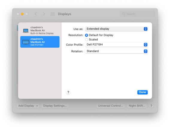 A smaller window appears over the original "Displays" setting window on MacOS. The first drop down menu reads "Use as" with the option changed to "Extended display."