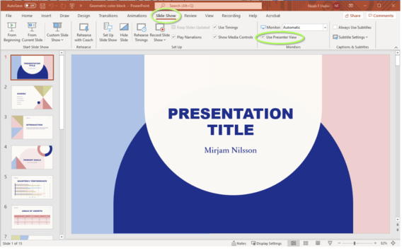 In Microsoft PowerPoint, the "Slide Show" tab and "Use Presenter View" option is circled to draw attention to their locations.