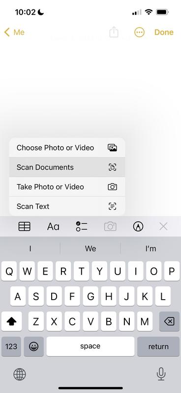 Notes App image showing the option to scan documents.